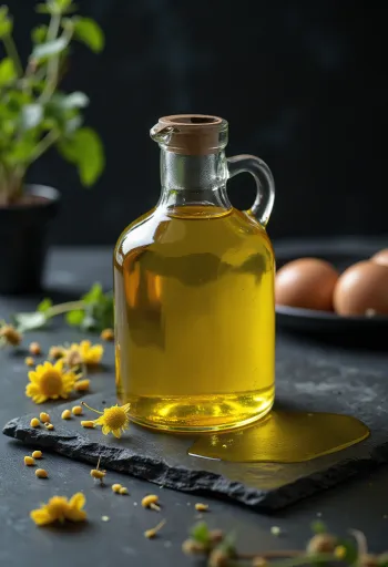 Olio di colza spremuto a freddo in ciotola di vetro con semi