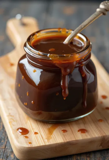 Salsa Hoisin scura in ciotola con ingredienti: soia, aglio, spezie
