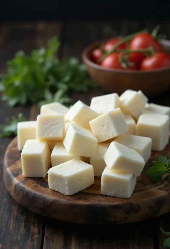 Cubetti di formaggio Paneer fresco in ciotola di ceramica