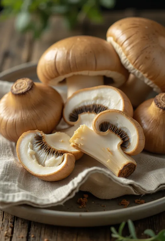 Funghi Porcini freschi affettati con aromi su legno