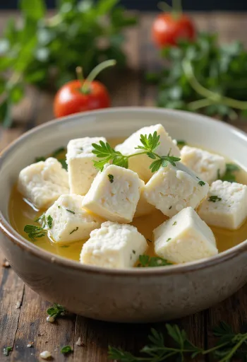 Feta di pecora fresca in cubetti in ciotola di ceramica