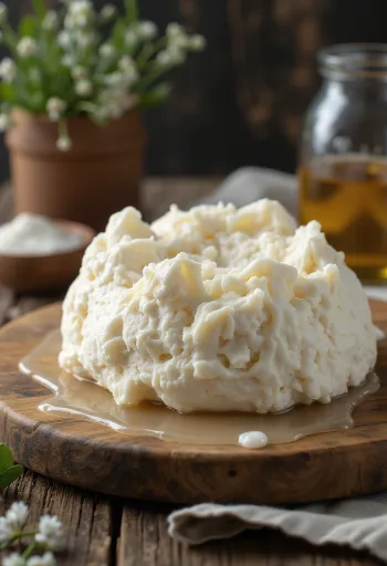 Formaggio fresco di pecora a fette su tagliere di legno