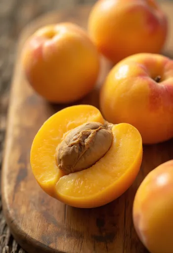 Albicocche fresche intere e a metà, su tavolo rustico con marmellata