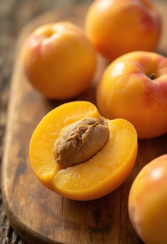 Albicocche fresche intere e a metà, su tavolo rustico con marmellata