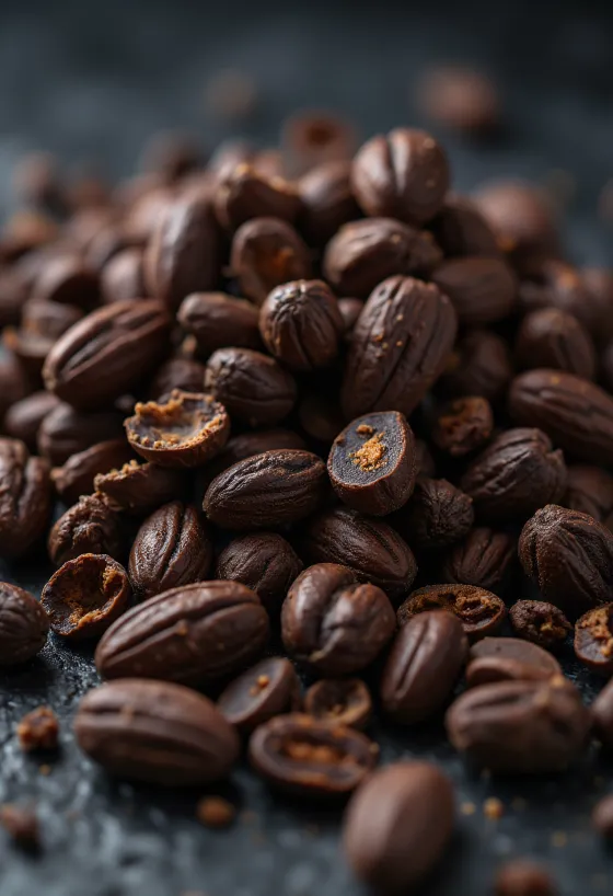 Ciotolina di granella di cacao con pezzi di cacao grezzo su sfondo legno