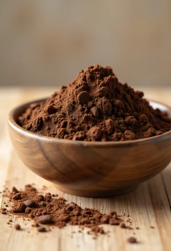 Cacao in polvere in ciotola e sparso con cucchiaio di legno su superficie chiara