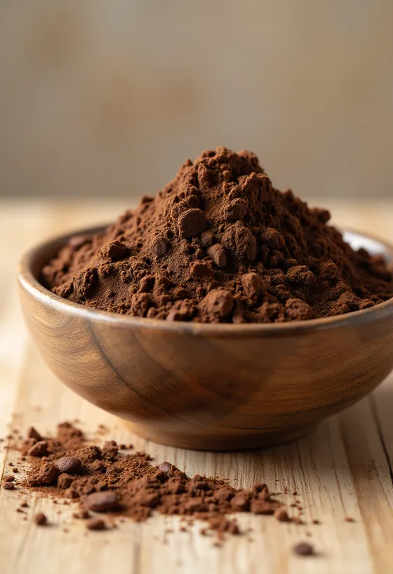 Cacao in polvere in ciotola e sparso con cucchiaio di legno su superficie chiara
