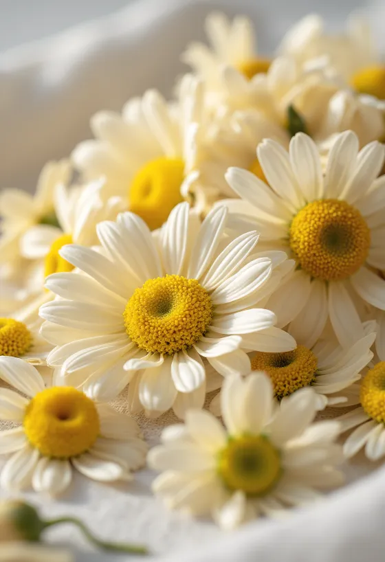 Fiori di camomilla essiccati in ciotola e sparsi con cucchiaio di legno