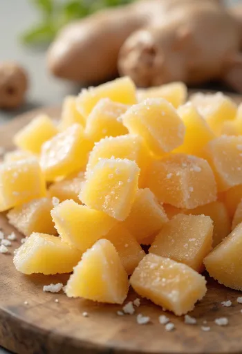 Fettine di zenzero candito in ciotola con zenzero fresco e zucchero