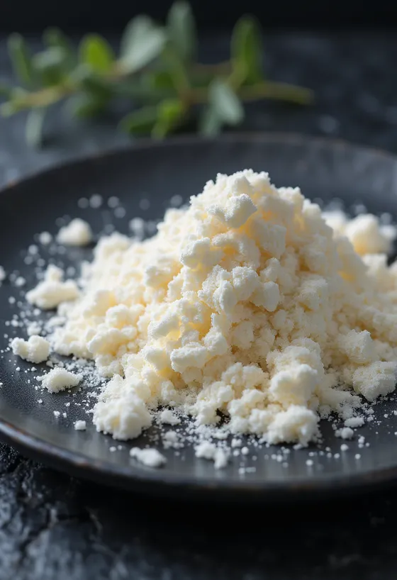 Carragenina in polvere in vasetto e cucchiaio su fondo chiaro