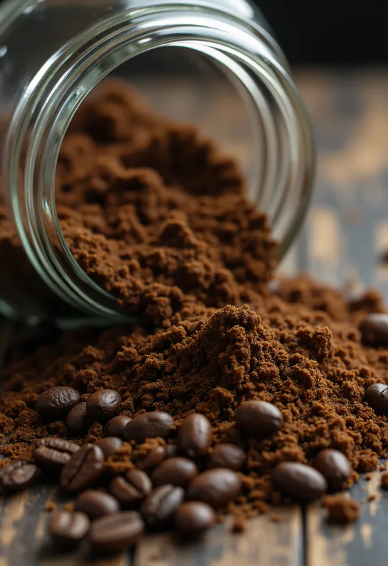 Caffè macinato e chicchi tostati con cucchiaio di legno su sfondo rustico