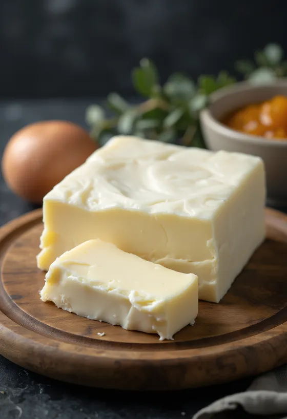 Burro di capra bianco in ciotola di ceramica su legno rustico