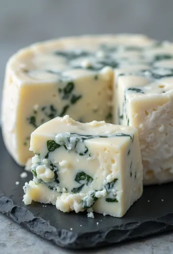 Formaggio erborinato tagliato e sbriciolato su tagliere in cucina