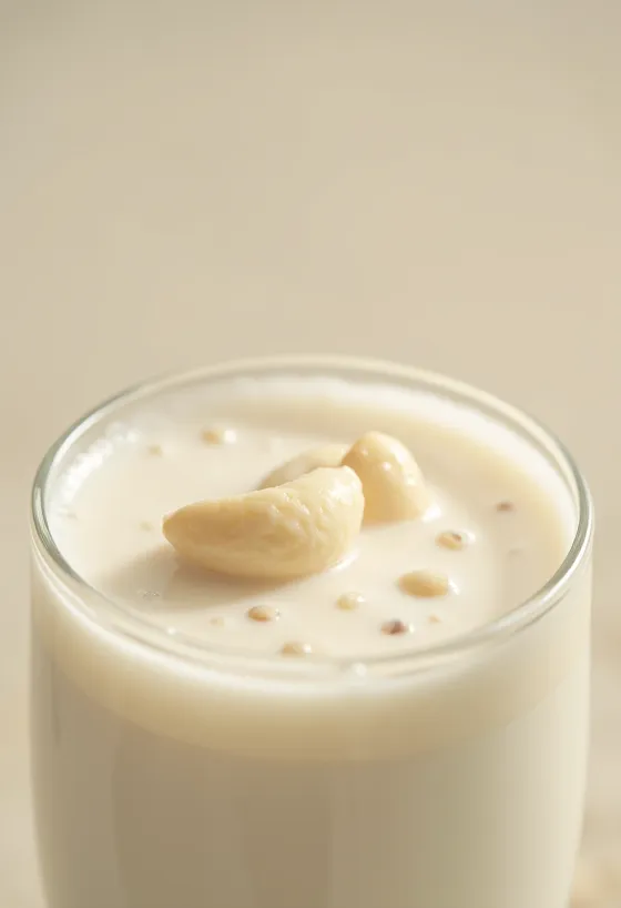 Latte di anacardi versato in bicchiere con anacardi interi e sparsi