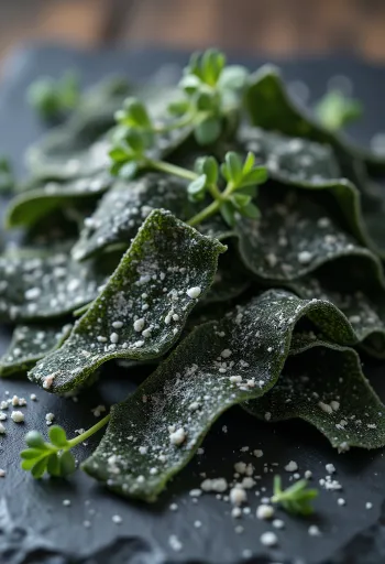 Fogli di alga kombu essiccata su piano in legno e ciotolina con alga in ammollo