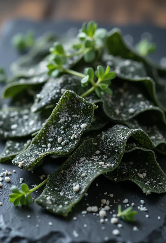Fogli di alga kombu essiccata su piano in legno e ciotolina con alga in ammollo