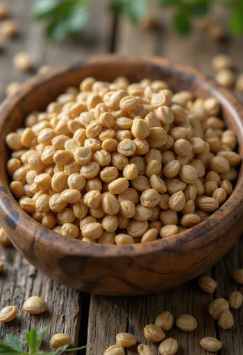 Semi di coriandolo in ciotola di ceramica e cucchiaio di legno