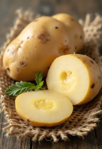 Patate fresche intere e tagliate a metà su tavolo di legno