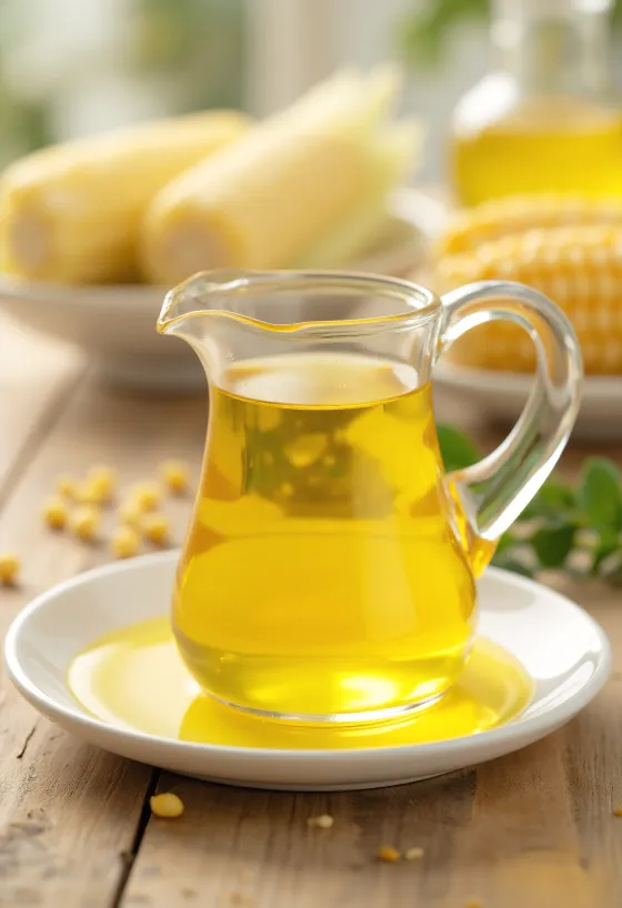 Olio di mais in bottiglia con chicchi di mais e farina grossa