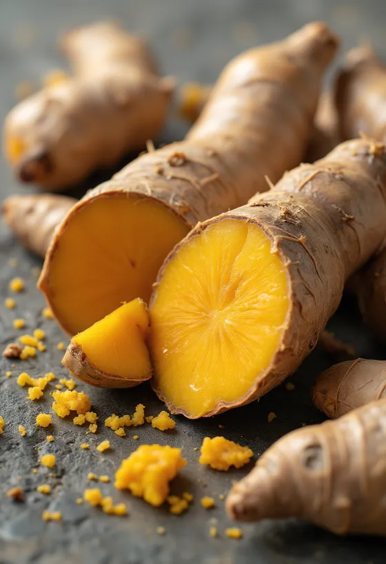 Polvere di curcuma in ciotola e sparsa su legno luce naturale