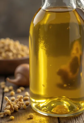 Olio di semi di lino in bottiglia scura e ciotola su sfondo chiaro