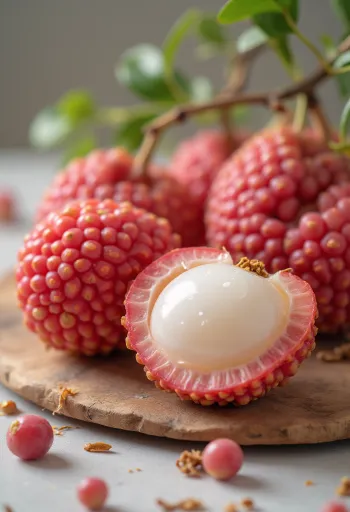 Litchi freschi interi e sbucciati con polpa bianca su legno
