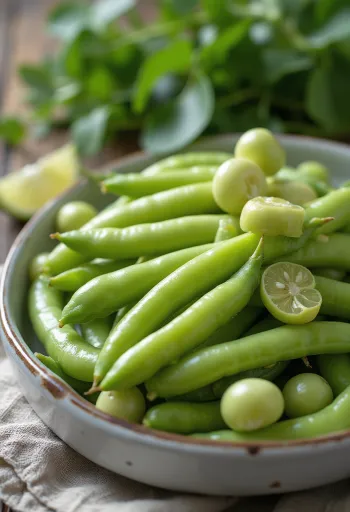 Baccelli di fave fresche e semi sgusciati su superficie rustica