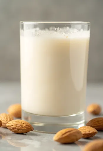 Latte di mandorla versato in bicchiere, con mandorle intere e macinate