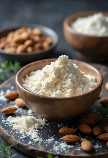 Latte di mandorla in polvere in ciotola e sparso su piano cucina
