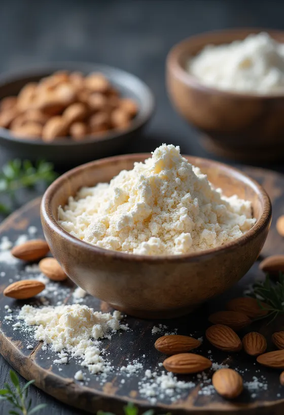 Latte di mandorla in polvere in ciotola e sparso su piano cucina