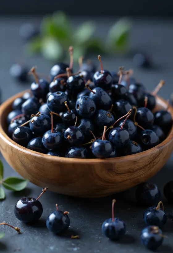 Bacche di Maqui fresche viola scuro, alcune tagliate
