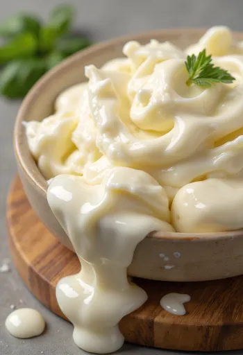 Cremoso mascarpone italiano in ciotola di ceramica con cucchiaio