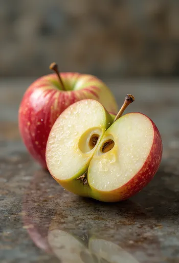 Mele Braeburn fresche intere e a fette su tagliere