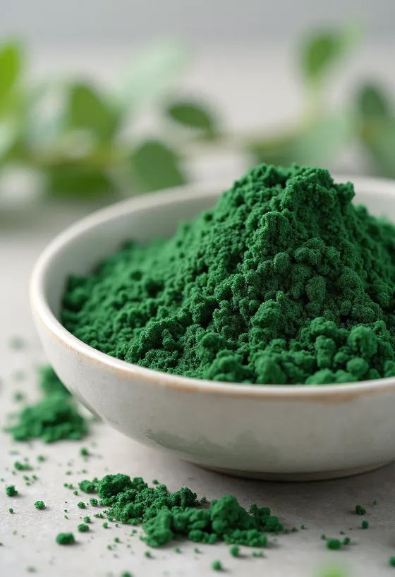 Polvere di Chlorella verde scuro in vasetto e compresse