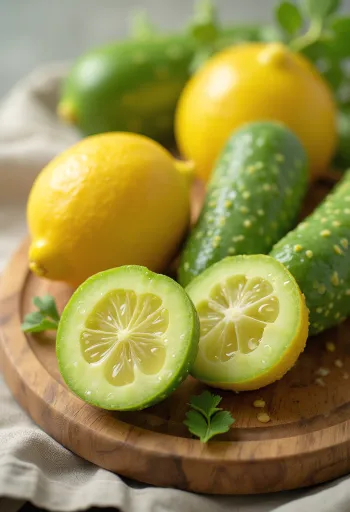 Cetriolo limone a fette e intero su tagliere con verdure