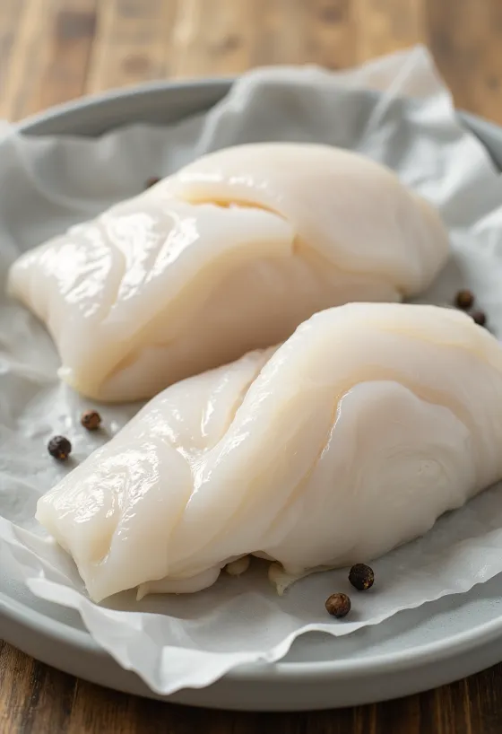 Filetto di merluzzo del Pacifico crudo su superficie di lavoro