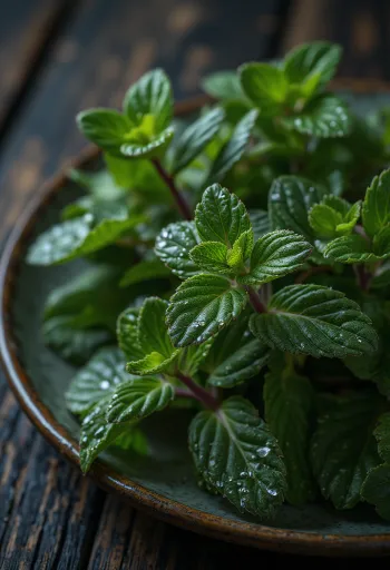 Foglie scure e lucide di Menta Cioccolato su un piatto elegante