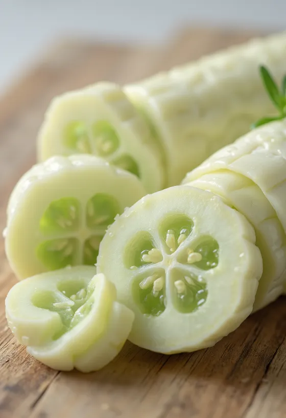 Fette di cetriolo bianco fresco su tagliere di legno con verdure di contorno