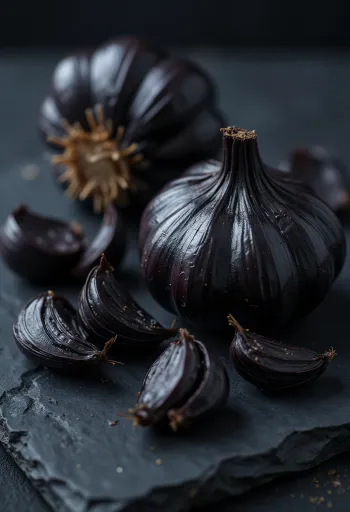 Teste di aglio nero aperte, spicchi scuri e lucidi in ciotolina gourmet