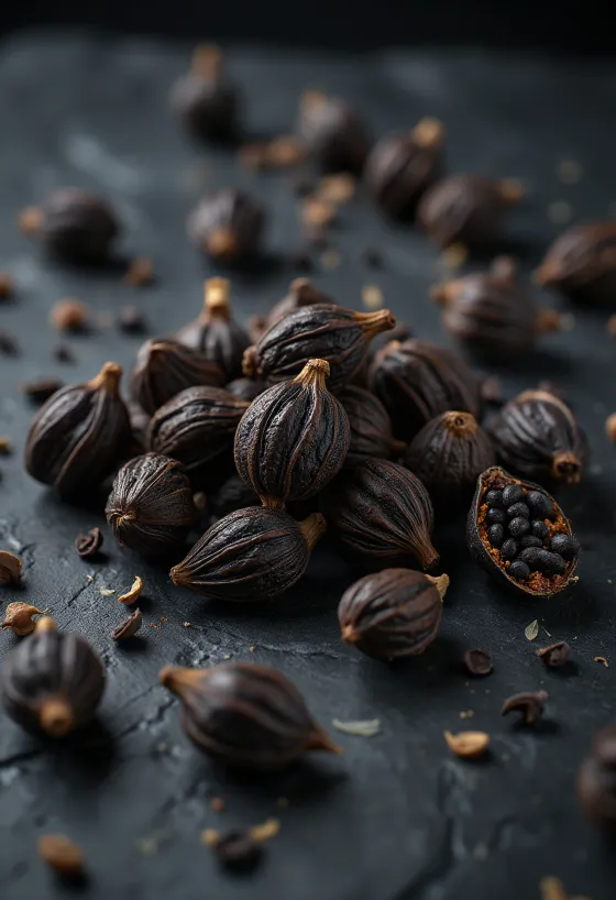 Capsule di Cardamomo Nero essiccate su un piano di legno