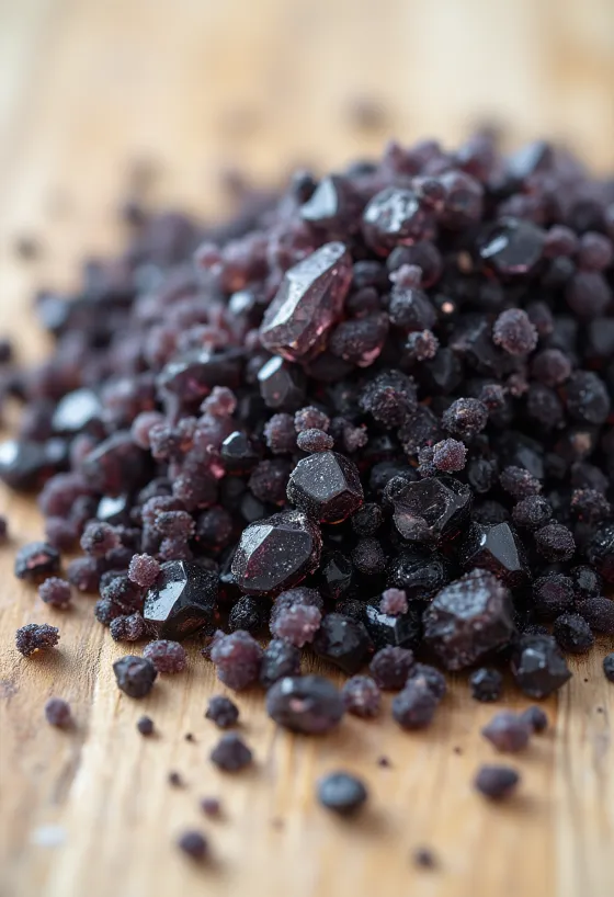 Cristalli di sale nero in vasetto di vetro con cucchiaio dosatore