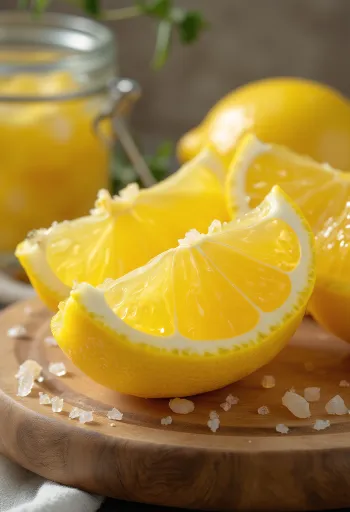 Vasetto di limoni fermentati sotto sale, colore giallo oro intenso