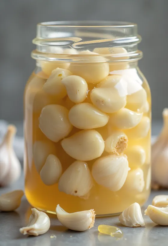 Spicchi d'aglio fermentato dal colore ambrato in ciotola di legno
