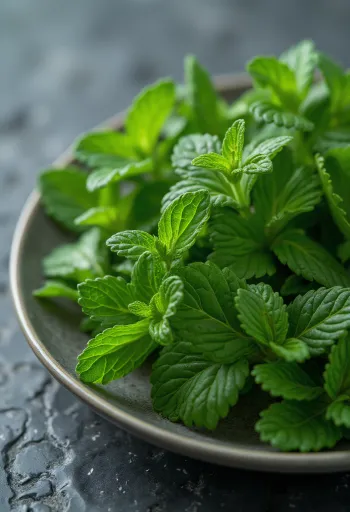 Mazzetto ordinato di Menta Romana fresca su un piatto