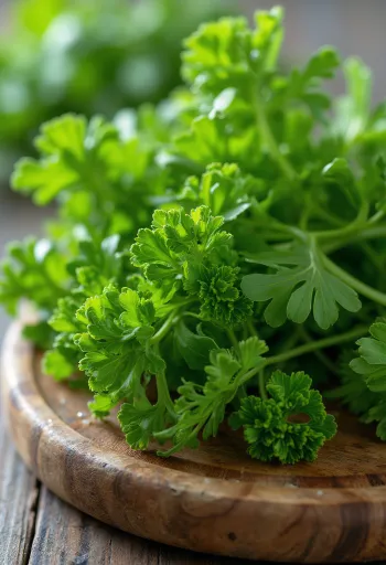 Mazzetto di prezzemolo riccio fresco su tagliere, foglie verde brillante e arricciate