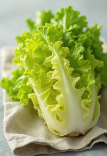 Cespo di indivia riccia (frisée) su tagliere, foglie dentellate verdi e gialle