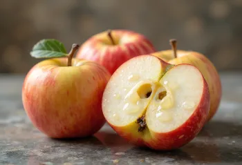 Mele Fuji fresche intere e a fette su tagliere, buccia striata rossa e gialla