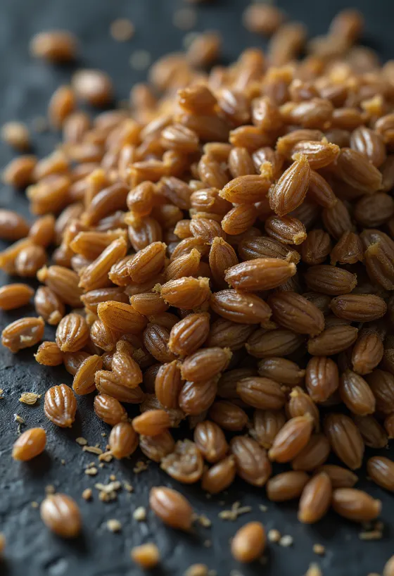 Chicchi di orzo tostato scuri e lucidi su sfondo chiaro