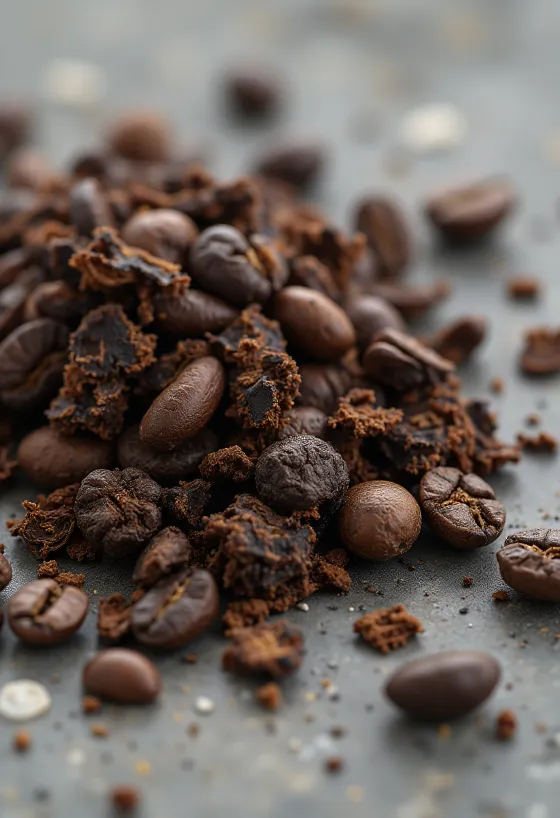 Granuli di radice di cicoria tostata su tagliere di legno