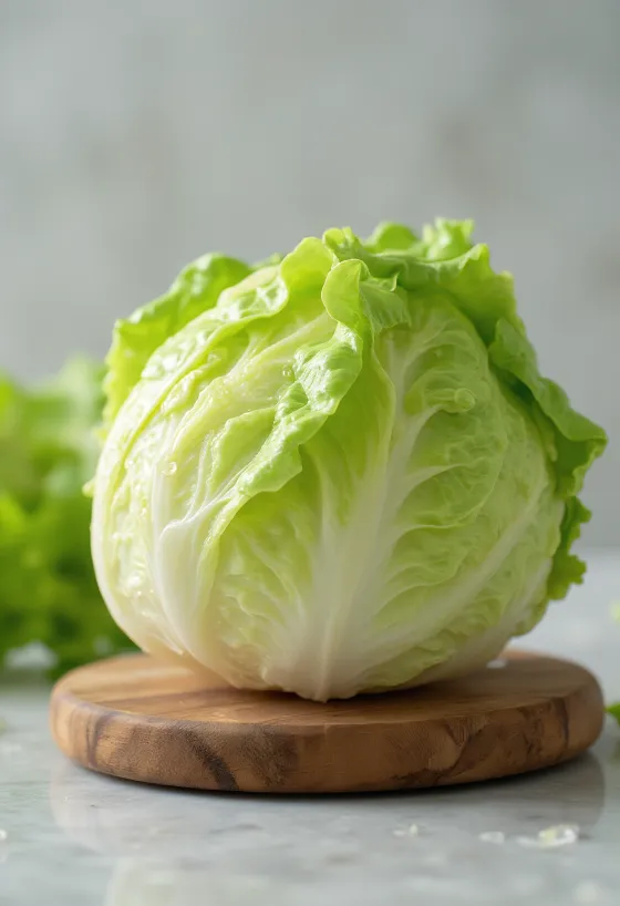 Lattuga iceberg fresca con foglie interne visibili su tagliere